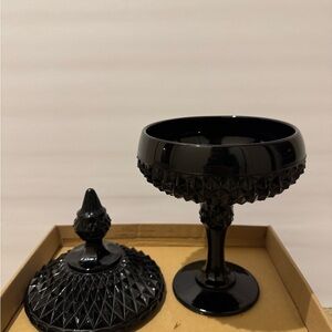 Vintage Indiana Glass Tiara Black Diamond Point Covered Candy Dish Compote 12"